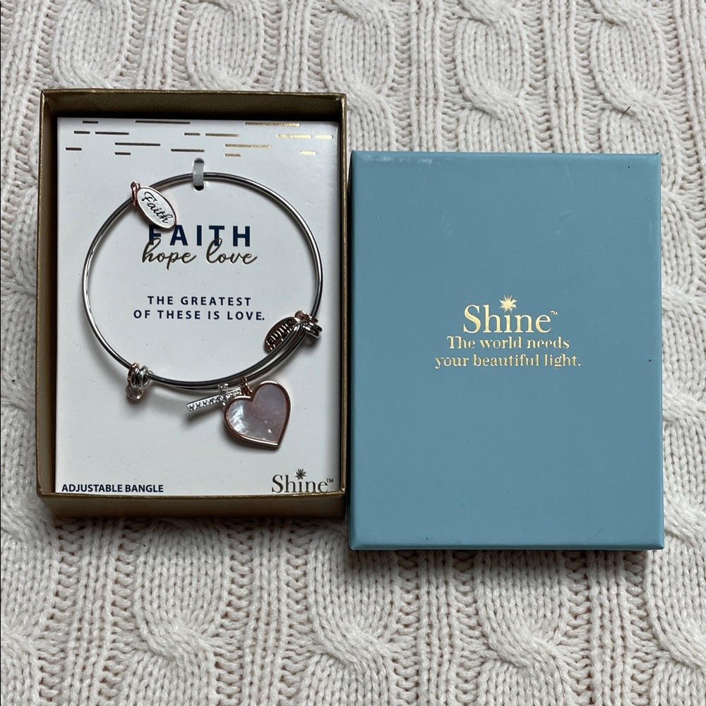 NWT Shine 'Faith Hope Love' Adjustable Bangle with Pink Heart Charm